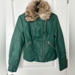 New York & Company Green Faux Leather Jacket with Detachable Faux Fur Collar